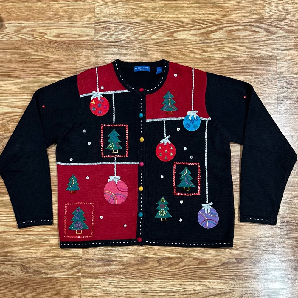 Karen Scott Sport Christmas Cardigan w/ Felt Appliqués Sequins Beading R…